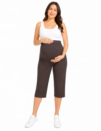 Joyaria Damen Capri Umstandshose Schwangerschaftshose Bambus Viskose Schwangerschafts Umstands Jogginghose Maternity Caprihose (Schokolade, L)