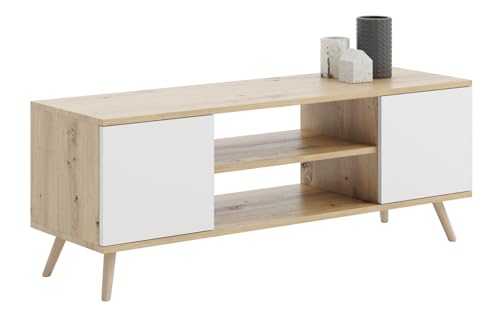 KOBI Focus Armoire TV | Meuble | Style scandinave pour Le Salon | Espace de Rangement spacieux | Pieds en Bois | Design Moderne (chêne Artisan - Blanc)