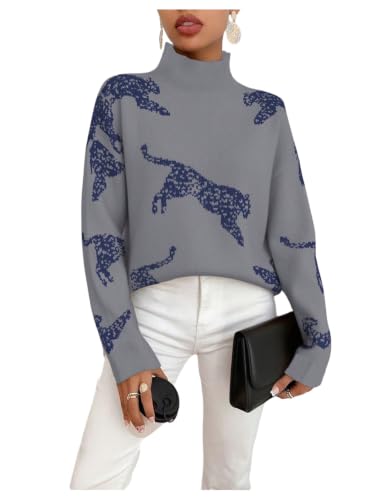 Image of WDIRARA Women's Leopard Tiger Print Sweater High Neck Long Sleeve Fuzzy Knitted Pullover Top
