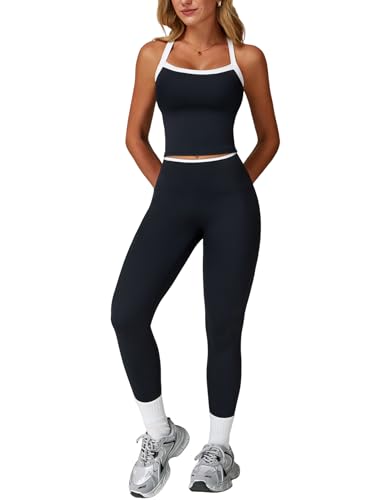 Womens Workout Sets Two Piece Seamless Cross Back Tank Top Matching Tummy Control High Waist Leggings Set 2 Piece For Women Gym Yoga Active Wear Outfits Athletic Work Out Clothes Colorblock Black M
