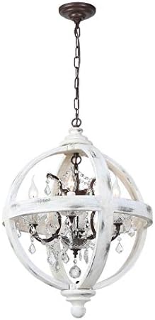 20" Decomust Chandeliers Orb Withered White Wood Finish 4 Light Orb Chandelier Wood Finish Antique Metal Crystal Inside