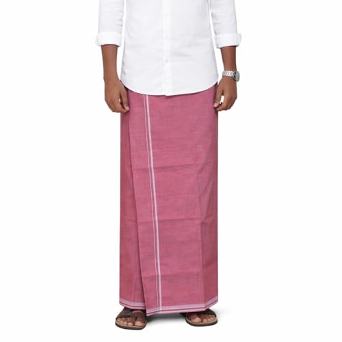 Image of Pure Cotton Dhoti for Men (1.28 x 1.87 m) | Solid Panchalu with Varied Small Color Border | Kerala Cotton Veshti, Khadi Dhoti | Lightweight Pooja & Temple Wear