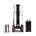 2.25 Gallons NSF Certified AISI 304 Stainless Steel Gravity Water Filter System with 2 Carbon (Black) Filter Elements, 2 POSTreat Steel Fluoride Removal Elements, Free Water Spigot & Teak Wood Stand