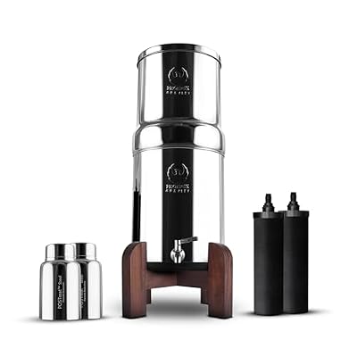 2.25 Gallons NSF Certified AISI 304 Stainless Steel Gravity Water Filter System with 2 Carbon (Black) Filter Elements, 2 POSTreat Steel Fluoride Removal Elements, Free Water Spigot & Teak Wood Stand