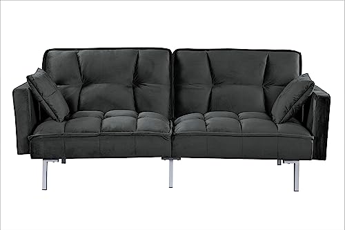 Container Furniture Direct Regal Convertible Sleeper Sofa Bed, Velvet Pull Out Couch with Mid-Century Style, Tufted Design and Metal Legs, Ideal for for Guests and Sleepovers, Black