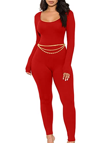 GOKATOSAU Women's Sexy Long Sleeve Bodycon Solid Outfits Club Rompers Jumpsuits Red