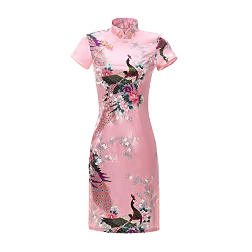 Mini robe traditionnelle chinoise col mandarin en satin rose pour femme en taille XXXL