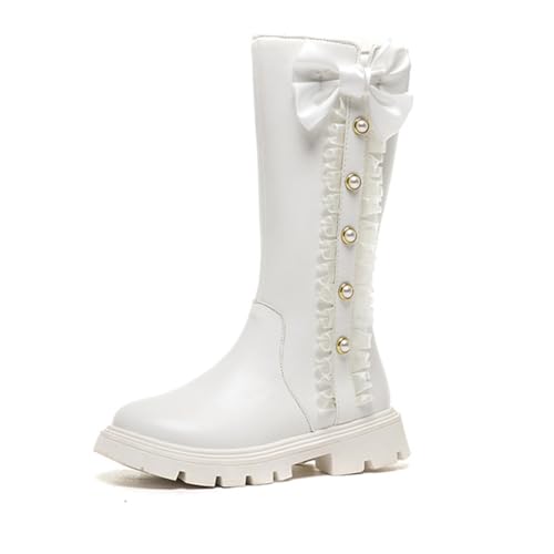 Girls Winter Mid Calf Side Zipper Leather Boots Pearl Bowknot Princess Boots