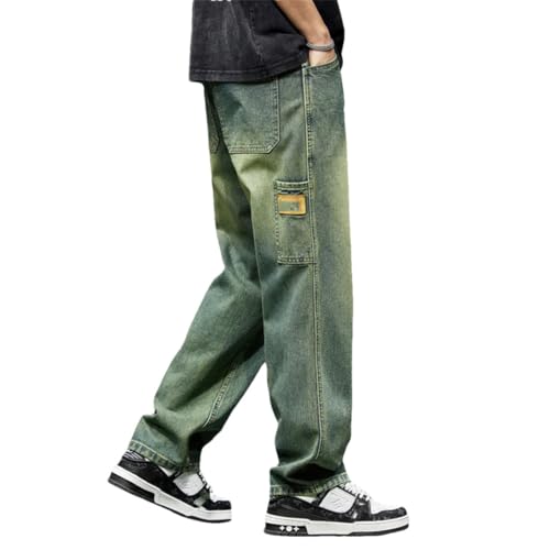 Men Summer Wide Leg Straight Loose Fit Blue Denim Pants Streetwear Vintage Pockets Baggy Pants