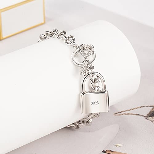 Dankadi Charm Women 925 Sterling Silver Key Lock Pendant Bracelet Girl Fashion Solid Silver Rolo Chain Bangle Fine Jewelry Gift For Wife & Girlfriend (Square Lock Style, 6.7 Inche) #TOP7