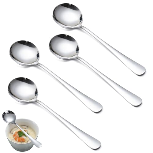 Stainless Steel Soup Spoons Set of 4 High-Grade Spoons for Soup Heavy Duty Round Soup Spoons for Kitchen Dining Table Sleek Design Durable Construction (Silver)