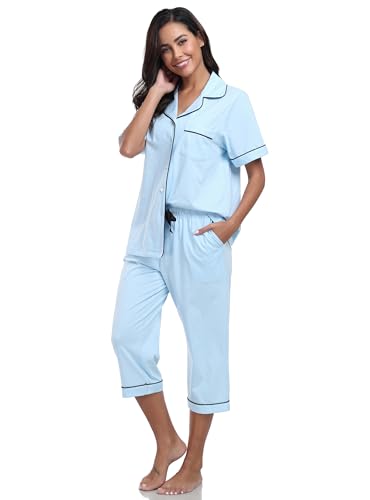 Image of COLORFULLEAF 100% Cotton Capri Pajama for Women Set Summer Short Sleeve Pj Sets for Women Cotton Sleepwear