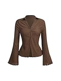 SOLY HUX Women's Button Down T Shirt Collared V Neck Bell Long Sleeve Casual Tops Solid Brown Small