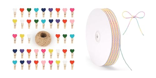 100 Mini Pinces à Linge Cœur G2PLUS avec 100m de Ficelle Jute