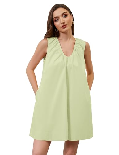 Image of OLAPTA Women Summer Sleeveless Babydoll Mini Tank Dresses Loose Fit Scoop Neck Ruched Short Dress with Pockets Party Clubwear