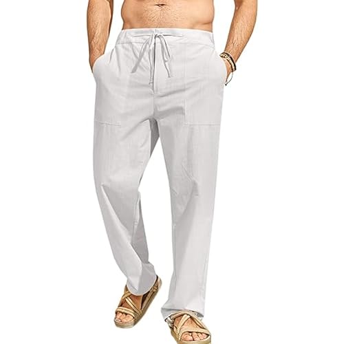 Mens Linen Pants Casual Loose Fit Beach Pants Elastic Waist Drawstring Straight-Legs Baggy Lightweight Travel Trousers2