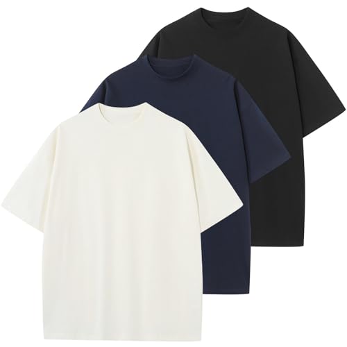 KEEPSHOWING Men's Oversized T-Shirts Cotton Unisex Short Sleeve Tshirts Crew Neck Loose Basic Tops Solid Athletic Tee(WT+NV+BK L)