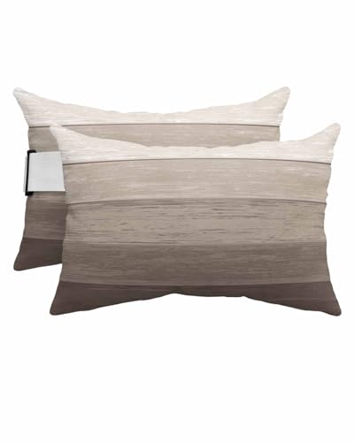 EZON-CH Pack of 2 Outdoor Pillows with Inserts, Grey Brown Classic Gradient Wood Texture Waterproof Fluffy Lumbar Cushion Covers, Patio Furniture Pillows for Balcony Garden Decor (12