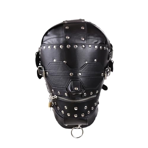 Fully Enclosed PU Leather Mask, Fashionable Punk Hood, Unisex, Meticulously Crafted-USRT05 (Black)