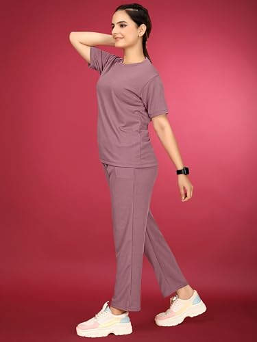 Image of Women's Round Neck Pajamas set in Polyester And Gym Outfit with Side Pockets and Drawstring Waist