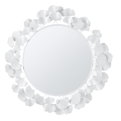 Martha Stewart Wall Décor Large Gingko Leaf Round Wall Mirror for Living Room, Iron Metal Plate Frame Antique Finish, Ready to Hang Bedroom Decoration, Eden, 30.5", White