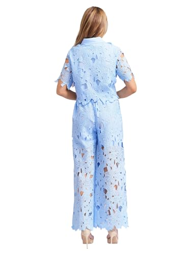 2 Piece Sets for Women Casual Party Summer Outfits Short Sleeve Hollow Out Tops with Wide Leg Pants4