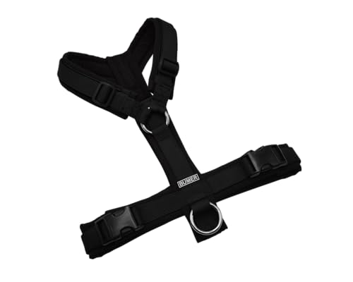 BUMER Hundegeschirr Softshell gepolstert Y-Geschirr Brustgeschirr schwarz verstellbar mit Premium Gurtband und hochwertigen Klickverschlüssen XXS bis XL für kleine und große Hunde (L)
