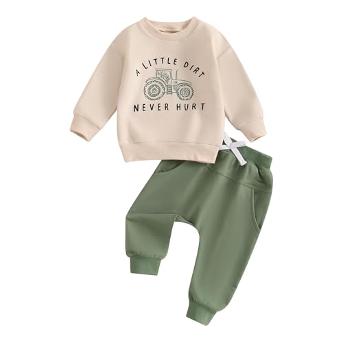 Lucikamy Toddler Baby Boy Fall Winter Outfits Tractor Print Long Sleeve Sweatshirt + Pants Set Kids Sweatsuit Clothes (Green-H, 18-24 Months)