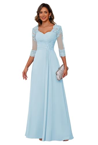 Miao Duo Women's Long Lace Evening Dresses with 3/4 Sleeves Mother of Bride Dress for Women 16 Plus Light Blue