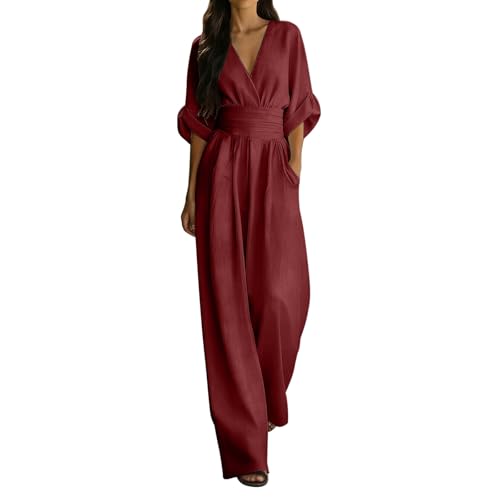 Combinaison Femme Noir D'été Chic Manche 3/4 Col V Playsuit Couleur Unie Jambe Large Romper Barboteuse Jumpsuit Chic Pantalon Large Taille Haute Casual...