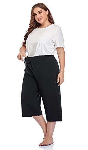 Zerdocean Women's Plus Size Wide Leg Casual Lounge Pants Comfy Capris Relaxed Pajama Bottoms Drawstring Pockets Black 4X #TOP1