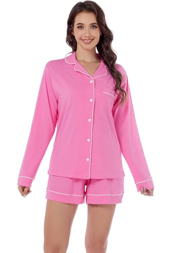 Image of LUBOT 100% Cotton Pajamas for Women 2PC PJ Set Womens Soft Long Sleeve Button-Down Shirt Two Piece Set Sleepwear Loungewear Night Suit (Rosy Pink, S)