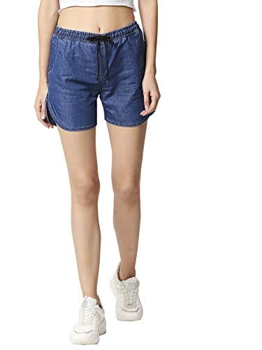 Image of HIGH STAR Women's Navy Blue Washed Slim Fit Denim Shorts (26)