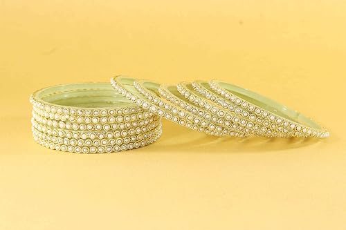 Image of NMII Glass Golden Beads & Pearls Moti Work Designer Bangles Set For Women & Girls | Kanch ki Chudi Set | Girl's Bangles Bracelet | Glass Bangles | Daily, Wedding, Party, Fashion Jewellery- Set of 12