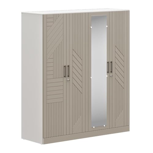 Image of Wakefit Tyrian Plus 4 Door with 4 Shelves 2 Drawers 2 Hanging Areas 1 Mirror SH2-Carcass: Pumic Grey Shutter: Creamy Brown