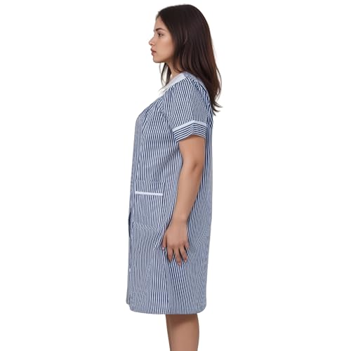 Image of Women's Short Sleeve Woven Snap-Front Closure Striped Embroidery Housecoat Duster Nightgown with Front Pockets