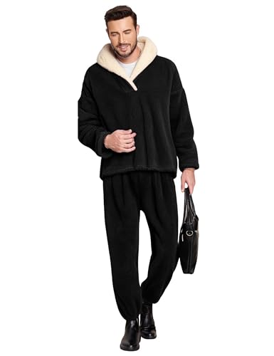 Image of Mens Fluffy Coral Fleece Pajamas Set Pullover Pants Loose Plush Warm Loungewear Sleepwear