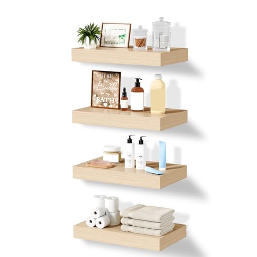 Mifurn Floating Shelves for Wall Bathroom Shelves, Modern Wood Wall Shelves, Book Shelf for Room, Space Saving Hanging Shelves for Wall Mounted Shelves, 12x7x1.5 in(Oak, Set of 4)