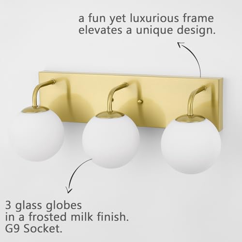 Image of Mid Century Modern Bathroom Light Fixtures, 3-Light Gold Vanity Lights Bathroom Lighting Fixtures Over Mirror, Gold Wall Sconces Wall Lighting with Globe Frosted Milk Glass