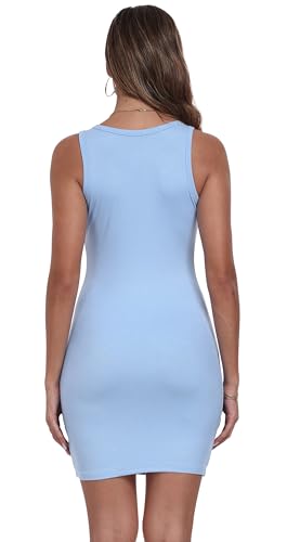 Image of Qaffier Women's Mini Dress Summer Tank Dress Ribbed Crew Neck Sleeveless Basic Bodycon Mini Dresses