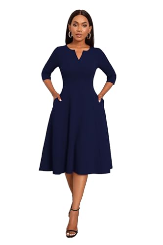 Image of Nmoder Midi Dresses for Women A-Line Fit and Flare Dress 3 /4 Sleeve V Neck Cocktail Wedding Guest Work Dress with Pockets