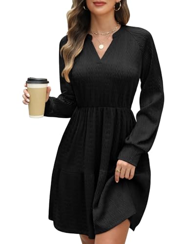CMTOP Strickkleid Damen Herbst Elegant Kleider Langarm V-Ausschnitt Pulloverkleid Herbstkleid Gestrickt Freizeitkleider Elastische Hohe Taille Tunika...