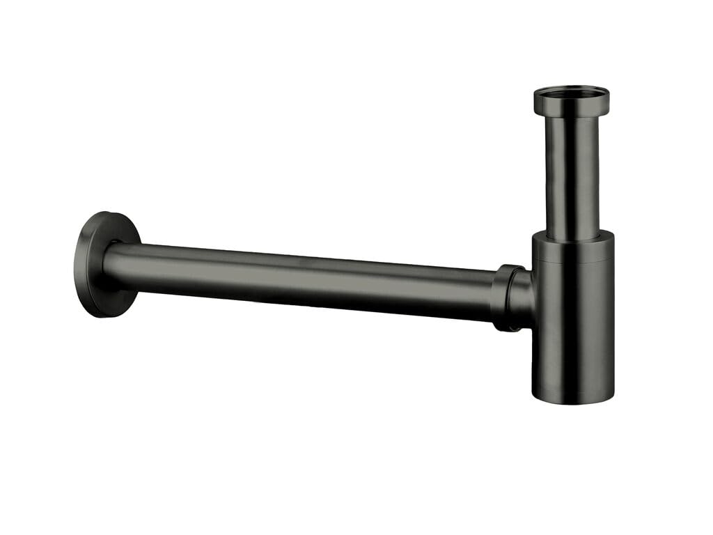 GME Sifón Botella Lavabo G1 1/4" Ø32 mm | Salida 330 mm | Diseño Decorativo Metálico | Acabado Titanio | Instalación Universal