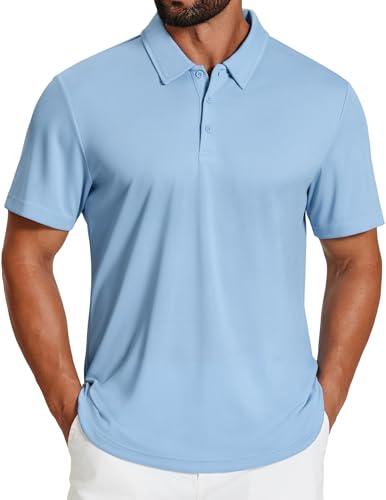 COOFANDY Polo Shirts for Men Short Sleeve Golf Shirts Quick Drying Tactical Shirts Solid Athletic Golf Shirt Light Blue