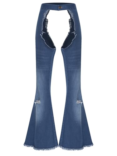Jugaoge Womens Cowboy Denim Chaps Cowgirl Hollow Out Moto Ripped Jeans Chaps Trousers for Halloween Blue Small
