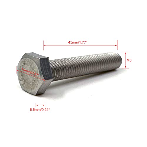 Image of M8 Hex Bolt, M8-1.25 x 45mm Hex Head Screw Bolts, 304 Stainless Steel, Fully Threaded, Plain Finish, Hex Tap Bolts 10Pcs (M8x45mm)