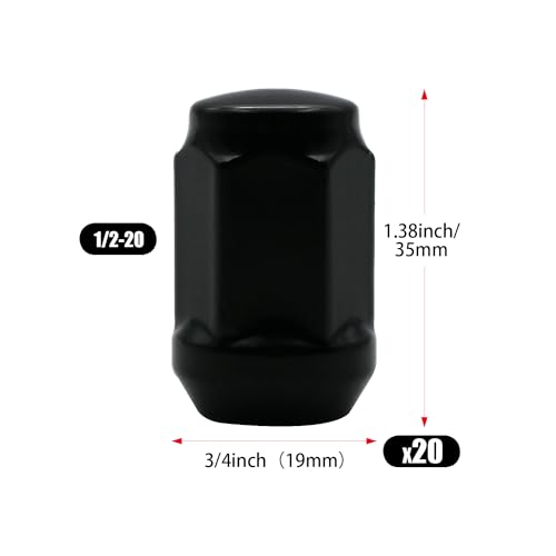 Image of 1 /2-20 Black Closed End Bulge Acorn Lug Nuts, 1.38 inch Tall 3 /4 inch Hex, 20pcs Cone Seat Lug Nuts