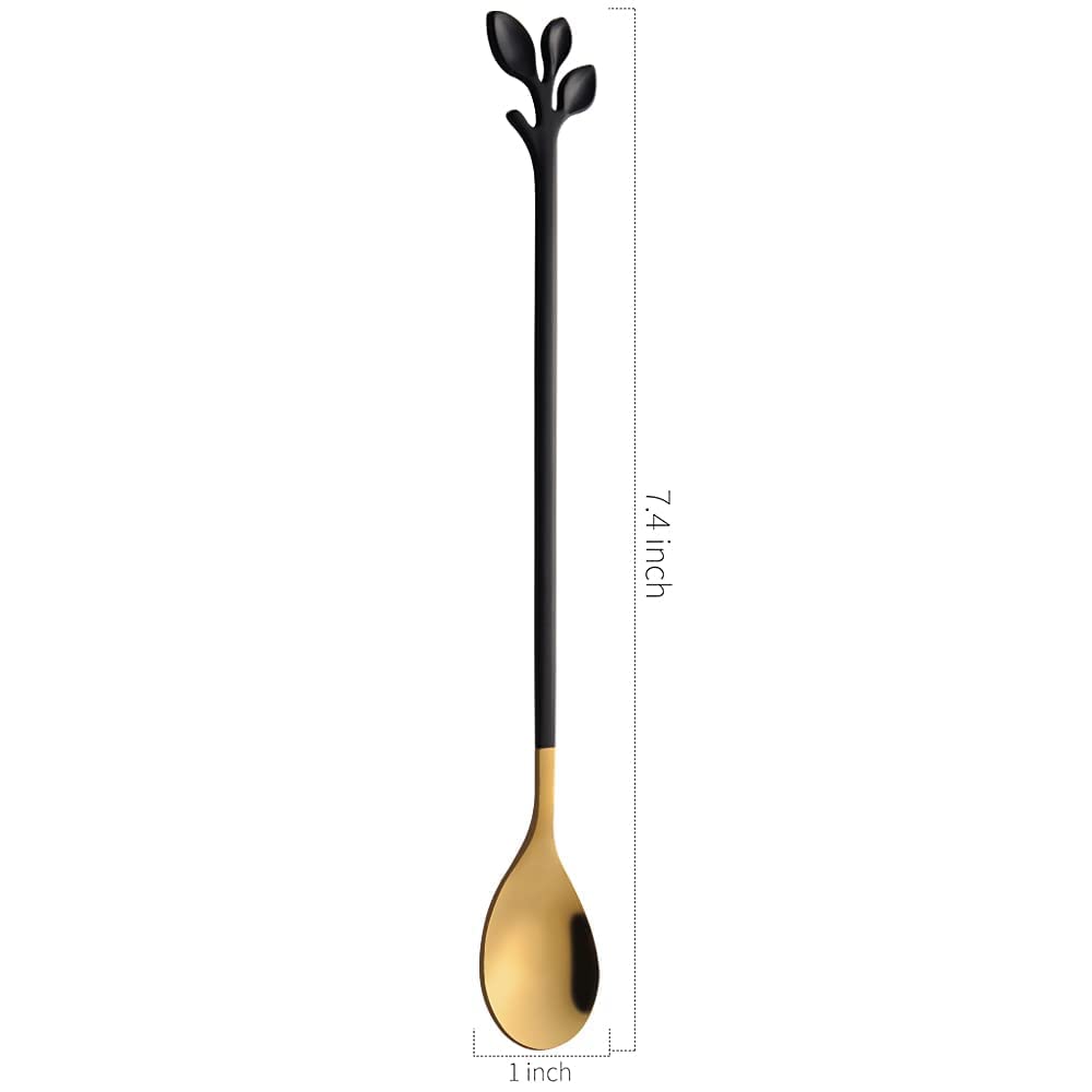 AnSaw 6 cucharillas elegantes de hoja negra y dorada con mango largo, cucharas de acero inoxidable de 7.4 pulgadas para café y té, perfectas para mezclar y remover