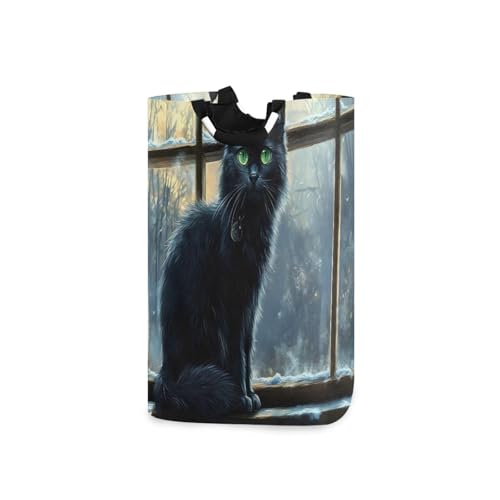 Jihqo Laundry Hamper Basket Black Cat Beside Windowsill Collapsible Nursery Storage Bin Waterproof Clothing Baskets for Home Bedroom Bathroom Washing Room