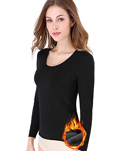 Zueauns Haut Thermique Femme Aucune trace sous-vêtement Maillot de Corps Doublure Fluff chaud Polaire Manches Longues T-shirt épais et Chaud